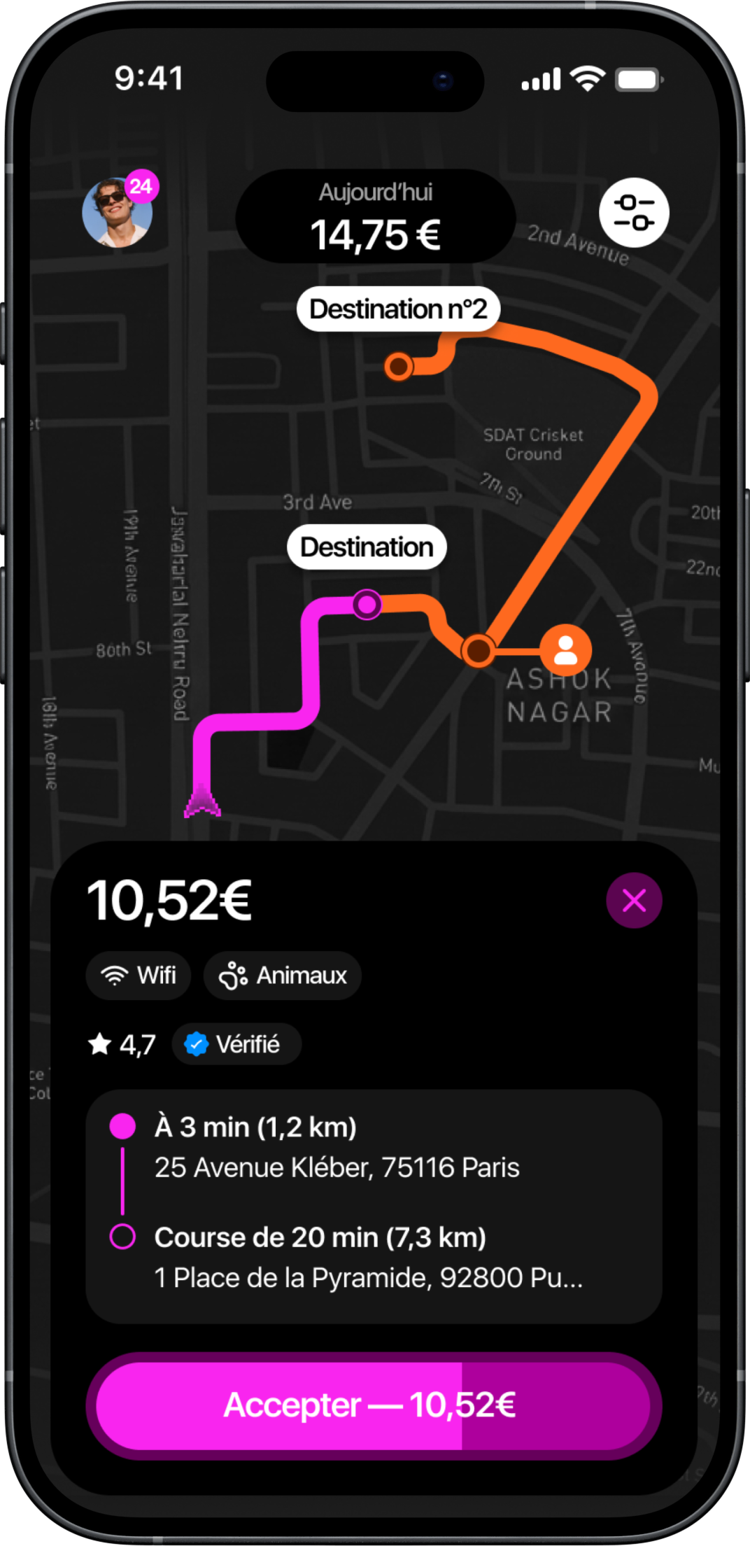 Aperçu de l'acceptation de course chauffeur Veety