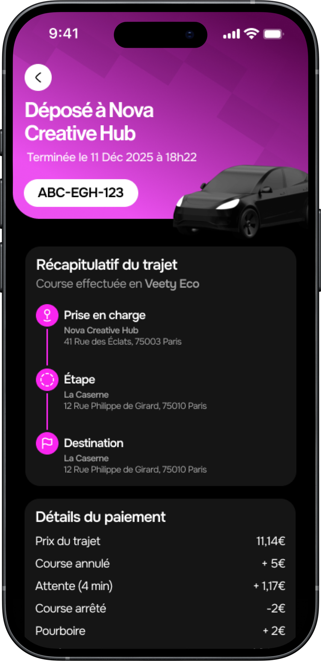 Aperçu de l'historique d'activité chauffeur Veety