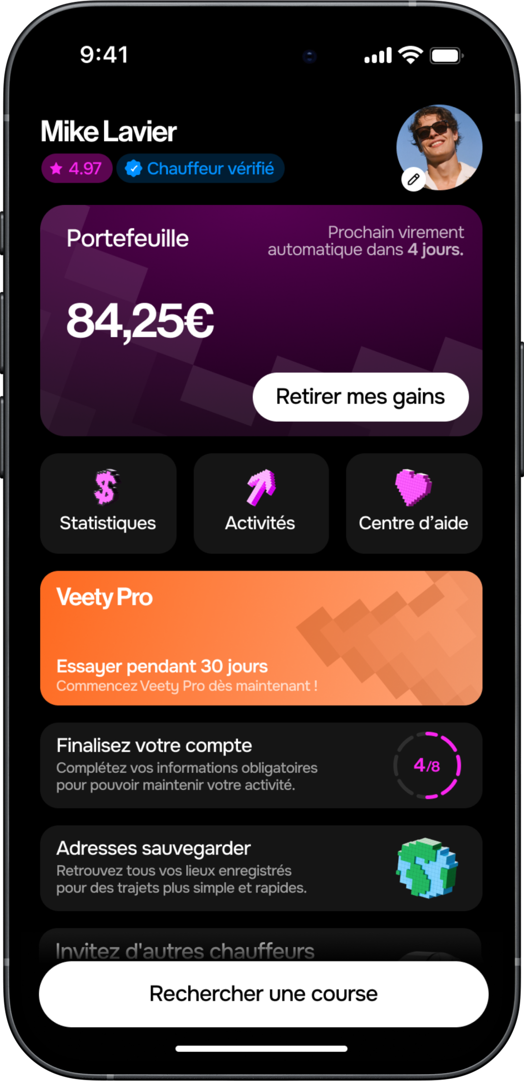Aperçu du menu chauffeur Veety