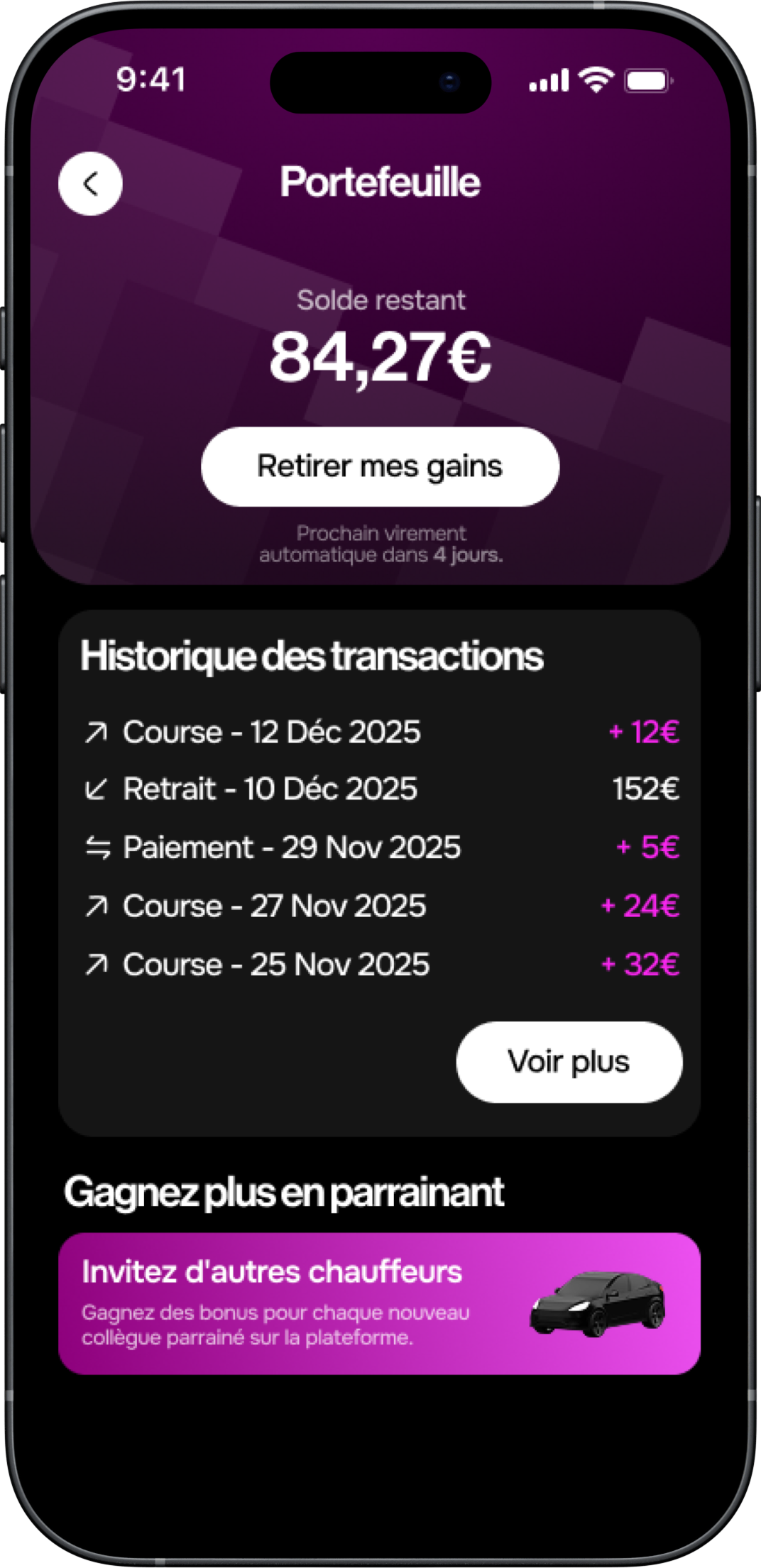 Aperçu du wallet chauffeur Veety