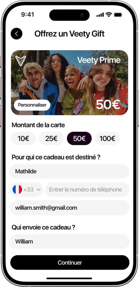 Aperçu de la carte cadeau dans l'application passager Veety